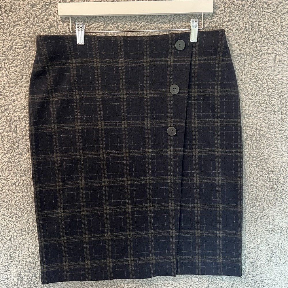 J. Jill Plaid Pencil Skirt Navy blue Stretch Petite Medium Faux Wrap Knee Length